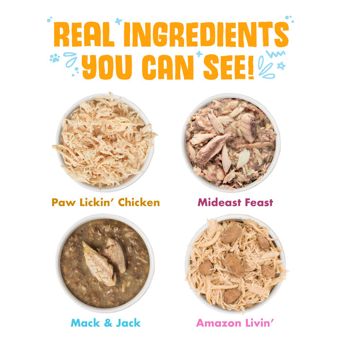 Four bowls of Weruva cat food, including Chicken Gone Fishin’, are shown under the heading “REAL INGREDIENTS YOU CAN SEE!” in bold yellow and orange text.