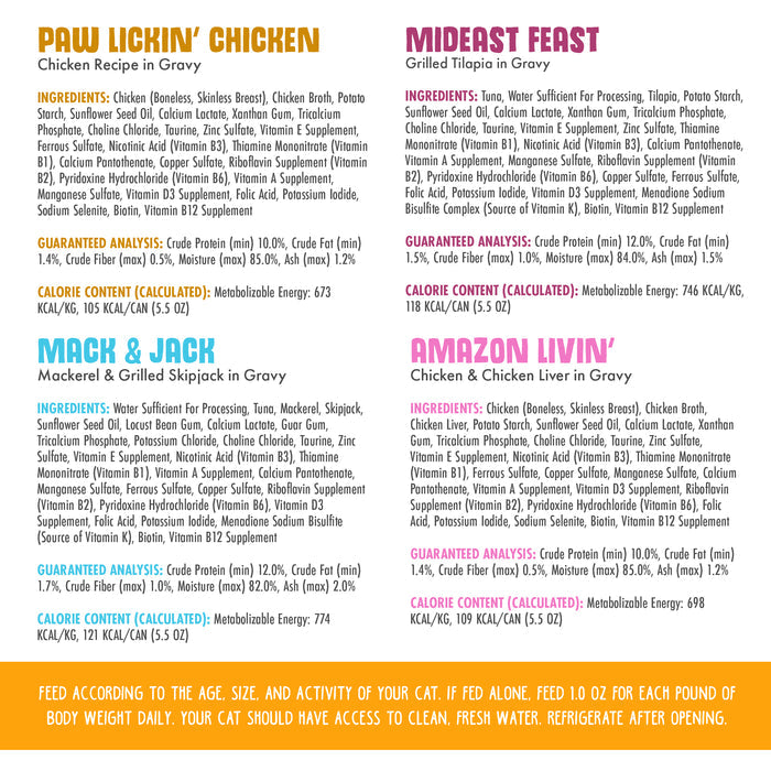 A Weruva pet food label features the Chicken Gone Fishin' recipe, listing ingredients, nutrition facts, calorie info, and feeding guidelines for carnivore cats. Bold colors clearly highlight each section for easy reference.