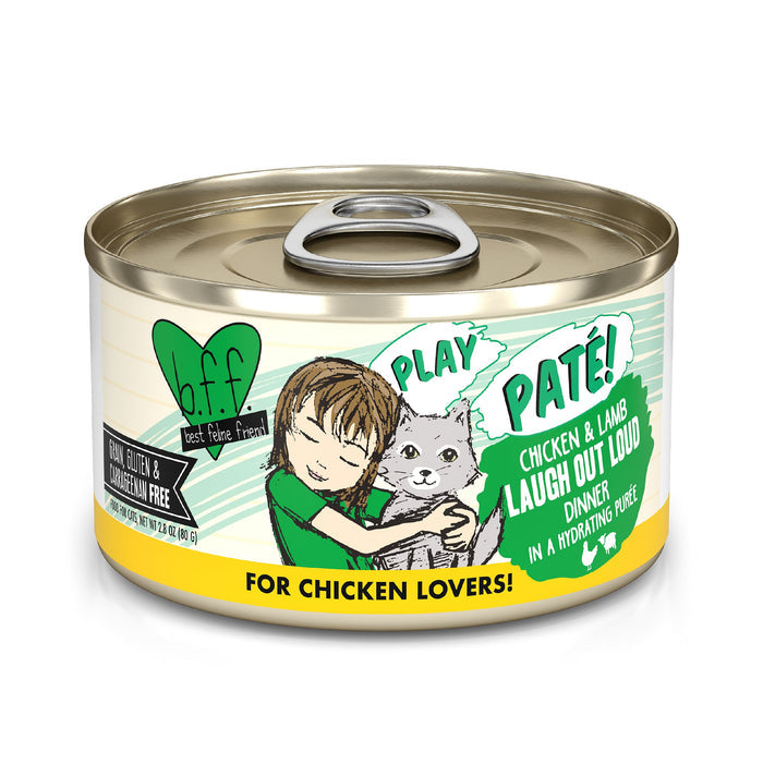 A can of BFF Best Feline Friend Chicken & Lamb Laugh Out Loud cat food, with a label showing a child hugging a gray cat. The label highlights grain free and "For Chicken Lovers!" in a hydrating purée.