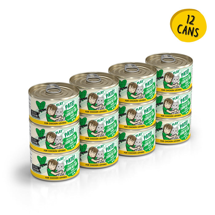 Twelve cans of BFF Best Feline Friend Chicken & Lamb Laugh Out Loud grain free cat food, each with a green and white label featuring a cartoon cat. A yellow circle at the top right corner reads "12 cans." Arranged in three rows of four.