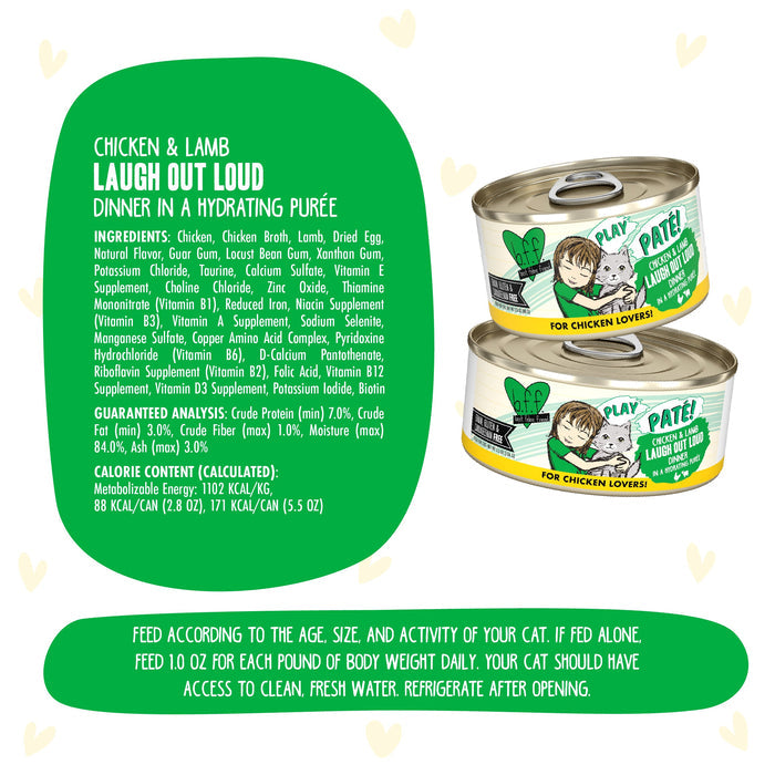 Two cans of BFF Best Feline Friend Chicken & Lamb Laugh Out Loud cat food are stacked, displaying illustrated packaging. Ingredients, nutrition details, and feeding instructions appear on a colorful background with heart accents.