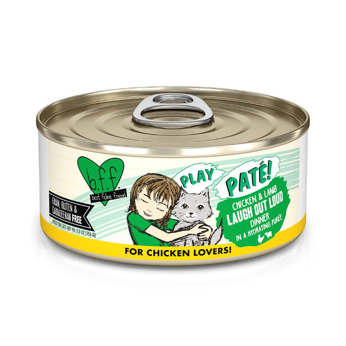 A can of BFF Best Feline Friend’s Chicken & Lamb Laugh Out Loud Play Paté cat food features a child hugging a gray cat, highlights cage-free chicken and grass-fed lamb, and is grain, gluten, & carrageenan free.