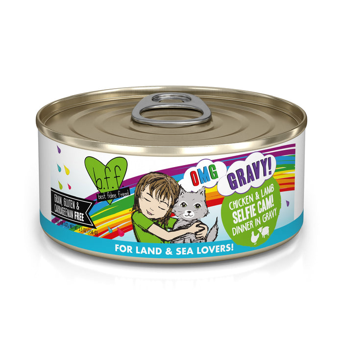 BFF Best Feline Friend Chicken & Lamb Selfie Cam! cat food is a grain, gluten, and carrageenan free land & sea recipe in gravy, made with cage-free chicken—perfect for cats who love gravy.