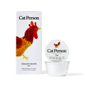 A white container and box of Cat Person Chicken Paté cat food, featuring an illustrated chicken on the packaging, highlights balanced nutrition with clear protein and fat percentages.