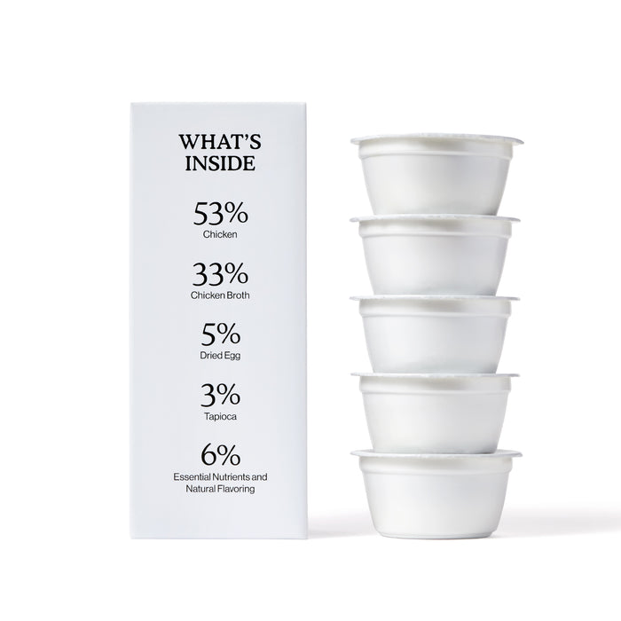 A “WHAT’S INSIDE” box lists ingredients and percentages beside four white, sealed food cups. Cat Person Chicken Paté is a protein-rich cat food made with high-quality chicken, chicken broth, dried egg, tapioca, and balanced nutrients.
