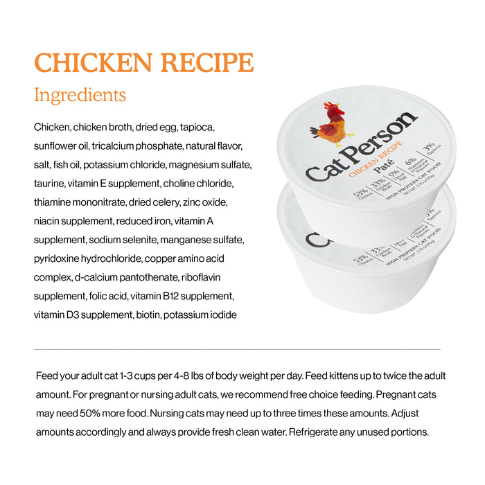 An image showing the ingredients and feeding guidelines for Cat Person’s Chicken Paté. Two containers are stacked, each with a cat silhouette and chicken illustration on the lid, highlighting balanced nutrition for cats.