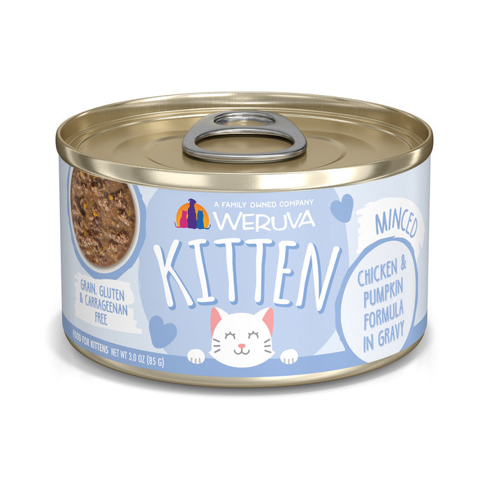 A can of Weruva Chicken & Pumpkin Formula in Gravy features a light blue label with a cartoon kitten and is grain, gluten, and carrageenan free, providing high-quality protein for kittens.