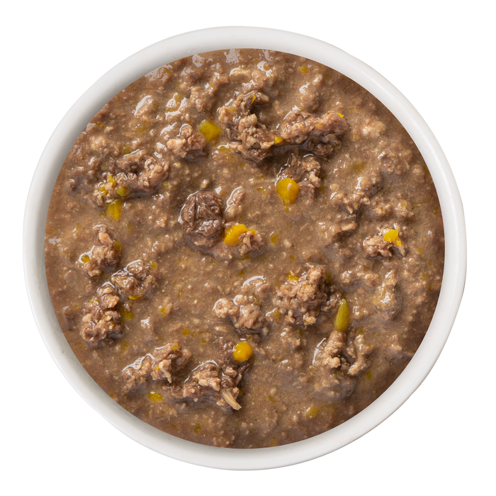 A white bowl filled with Weruva Chicken & Pumpkin Formula in Gravy, showcasing high-quality ground chicken and visible pumpkin pieces in a thick, brown gravy.