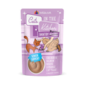 A pouch of Cats in the Kitchen Chicken & Salmon Bisque with Senior Support—ideal as a lickable cat treat for seniors. Features fun cartoon cat and person art on the packaging.