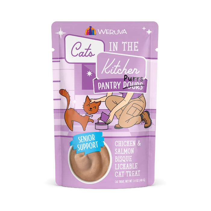 A pouch of Cats in the Kitchen Chicken & Salmon Bisque with Senior Support—ideal as a lickable cat treat for seniors. Features fun cartoon cat and person art on the packaging.