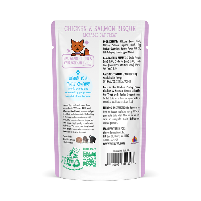 Back view of a Cats in the Kitchen Chicken & Salmon Bisque with Senior Support pouch, showing details, green-lipped mussel ingredients, guaranteed analysis, senior feeding guide, barcode, and company info on a white background.