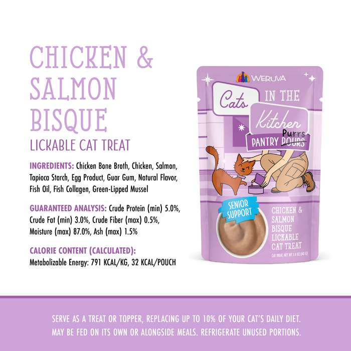 A pouch of Cats in the Kitchen Chicken & Salmon Bisque with Senior Support is shown, featuring highlighted ingredients, nutrition details, feeding directions, and a blue Senior Support badge on the package for senior cats.