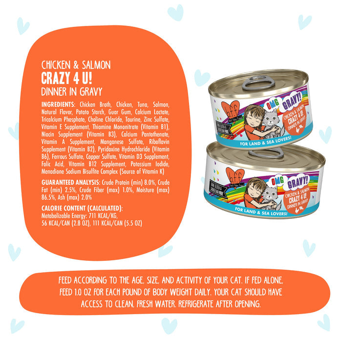 Two cans of BFF Best Feline Friend Chicken & Salmon Crazy 4 U! cat food are shown, made with cage-free chicken and wild-caught salmon. The labels feature illustrated cats, ingredients, and feeding info on a colorful background.