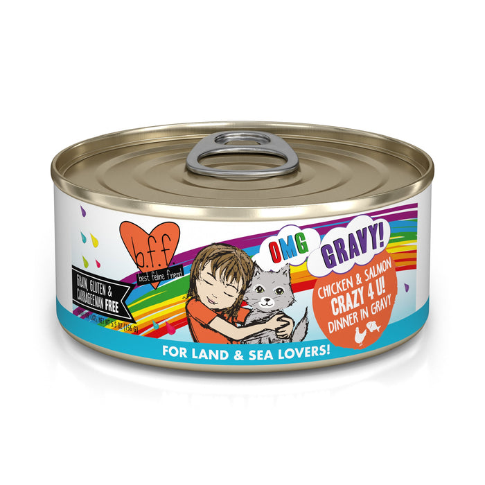 A can of BFF Best Feline Friend Chicken & Salmon Crazy 4 U! cat food shows a child hugging a gray cat, highlights cage-free chicken and wild-caught salmon in gravy, and is grain, gluten, and carrageenan free—ideal for gravy-loving cats.