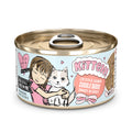 A can of BFF Best Feline Friend Chicken & Salmon Cuddle Buds! kitten food features a girl hugging a white kitten on the label. The recipe is made with cage-free chicken and is gluten and grain free.