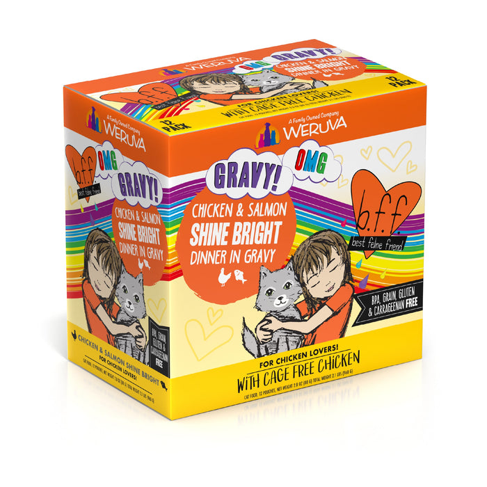 A box of BFF Best Feline Friend Chicken & Salmon Shine Bright cat food, perfect for gravy-loving cats seeking a delicious and nutritious meal.