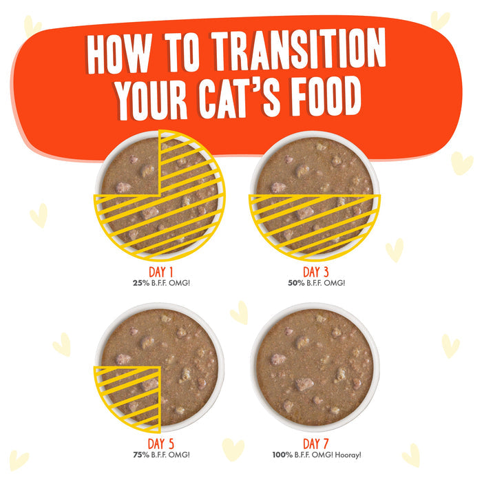Four bowls labeled Day 1, Day 3, Day 5, and Day 7 show increasing amounts of BFF Best Feline Friend Chicken & Salmon Stir It Up—ideal for gravy loving cats—demonstrating a week-long gradual transition to the new food.
