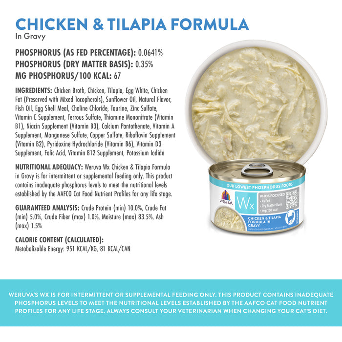 A can of Weruva Wx Phos Focused Chicken & Tilapia Formula in Gravy appears with its ingredients, nutrition facts, feeding guide, and a bowl photo—ideal low-phosphorus cat food for supporting kidney health.