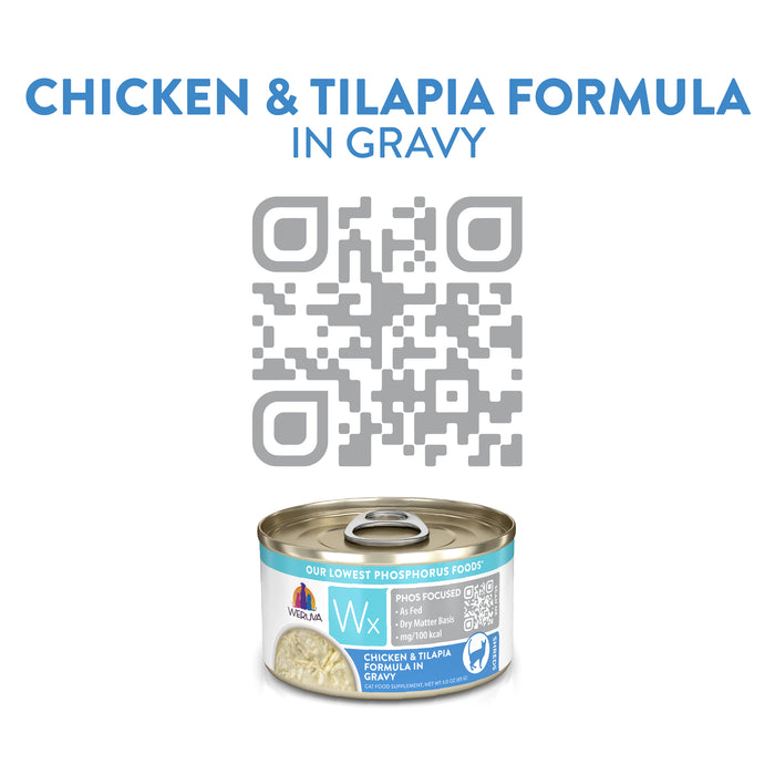 A can of Weruva Wx Phos Focused Chicken & Tilapia Formula in Gravy, with a QR code above and "CHICKEN & TILAPIA FORMULA IN GRAVY" at the top—ideal low phosphorus cat food for supporting kidney health.