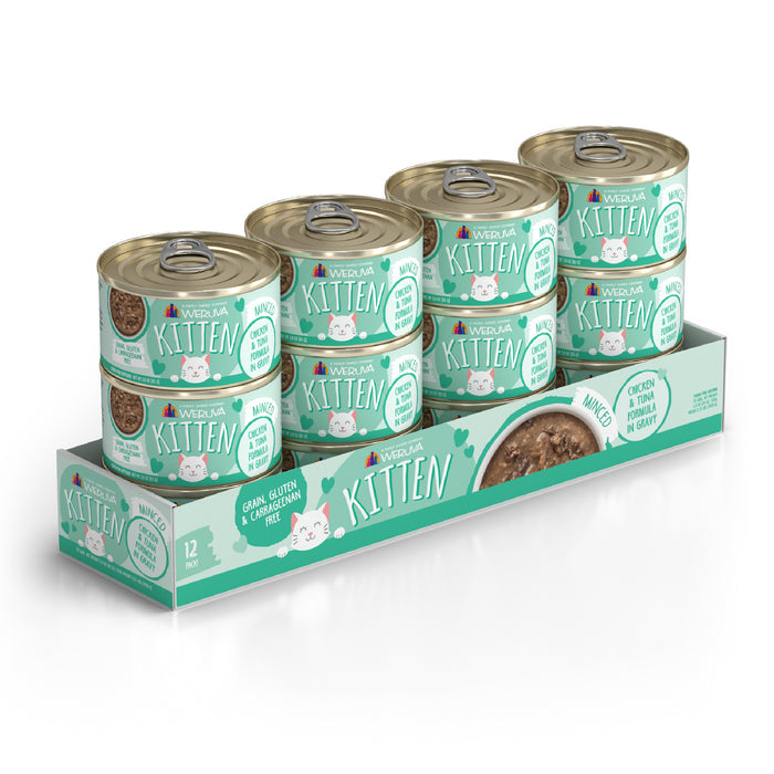 A 12-pack of Weruva Chicken & Tuna Formula in Gravy wet kitten food comes in turquoise and white packaging with playful kitten designs, offering high-quality protein for kittens.
