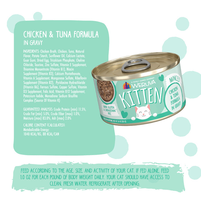 A can of Weruva Chicken & Tuna Formula in Gravy features nutrition facts, ingredient list, and feeding instructions on a teal and white label with a cartoon kitten and paw prints.