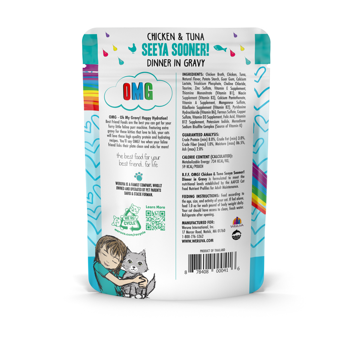 Back of a colorful BFF Best Feline Friend Chicken & Tuna Seeya Sooner! pouch, featuring ingredients, nutrition facts, feeding guidelines, and art of a child hugging a cat. A hydrating cat food for happy moments.