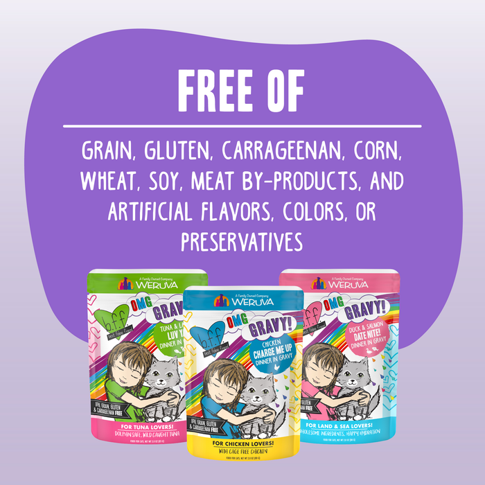 Three pouches of BFF Best Feline Friend Chicken & Tuna Seeya Sooner! are shown below a purple label reading: “Free of grain, gluten, carrageenan, corn, wheat, soy, meat by-products, and artificial flavors, colors or preservatives.”.