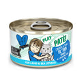 A can of BFF Best Feline Friend Chicken & Tuna Til' Then cat food in hydrating purée, made with grain-free, cage-free chicken and wild-caught tuna. Features a child hugging a gray cat on a blue and white label.
