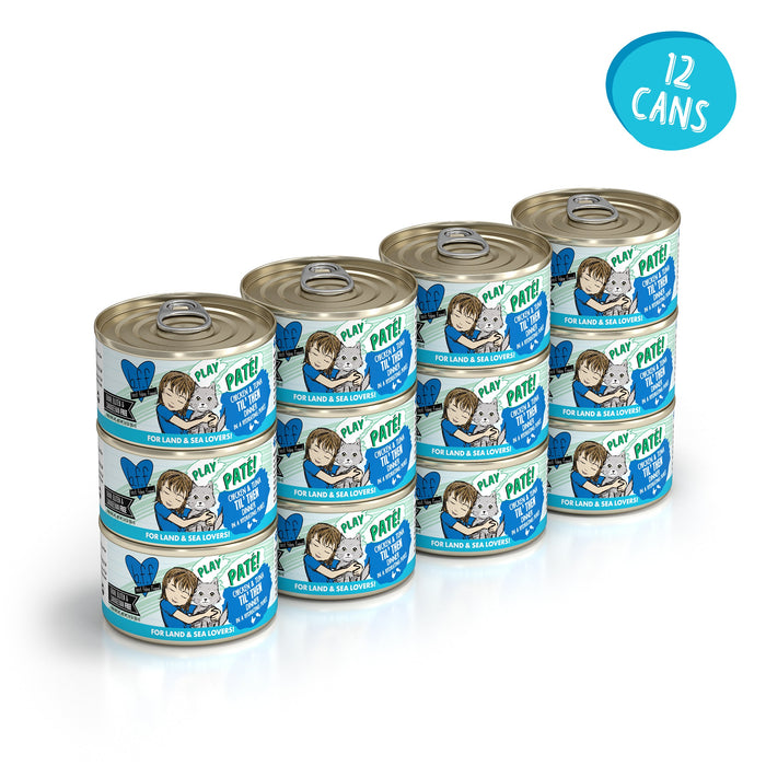 A group of BFF Best Feline Friend Chicken & Tuna Til' Then cans—grain-free recipes with wild-caught tuna.
