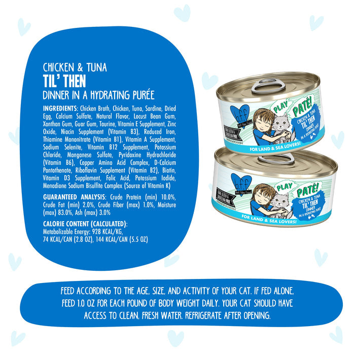 Two cans of BFF Best Feline Friend Chicken & Tuna Til' Then cat food sit side by side. The playful packaging features a cat, blue text, and promotes grain free recipes with wild-caught tuna, plus detailed ingredients and feeding instructions.
