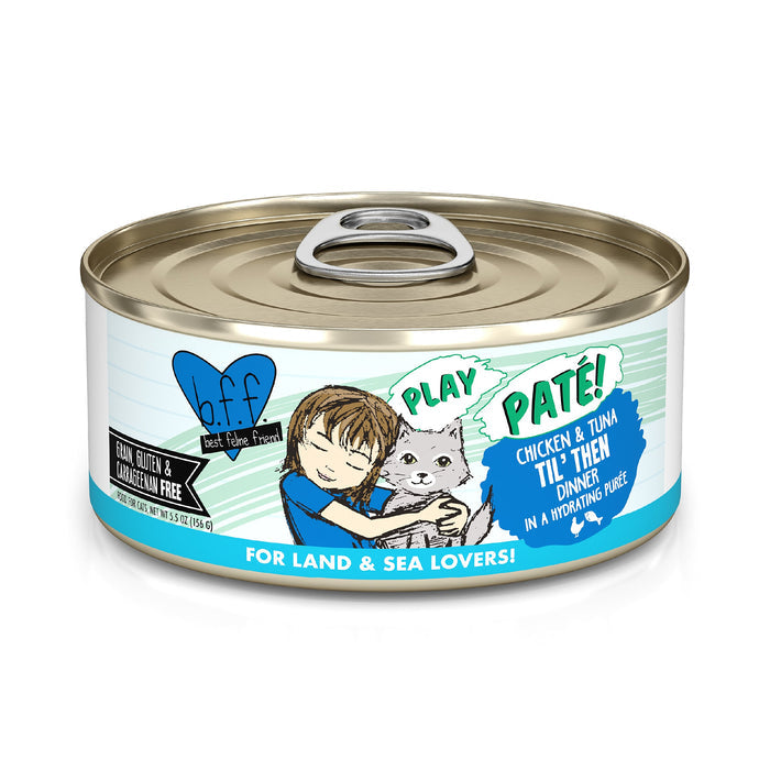 A can of BFF Best Feline Friend Chicken & Tuna Til' Then cat food with a label showing a child hugging a gray cat, featuring “Cage-Free Chicken & Wild-Caught Tuna,” “Grain Free,” and “For Land & Sea Lovers!” in blue and green.