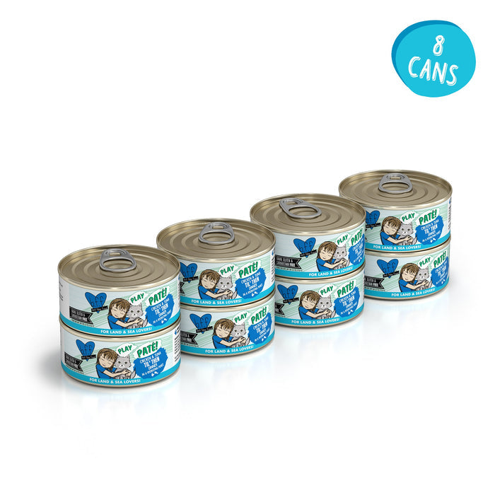 Four stacks of BFF Best Feline Friend Chicken & Tuna Til' Then grain-free canned cat food, each with 2 cans featuring illustrated cat labels and blue accents. A blue circle at the top right says "8 cans." White background.