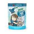 A colorful BFF Best Feline Friend pouch of Chicken & Tuna Tubular cat food shows a child hugging a gray cat, highlighting cage-free chicken, wild-caught tuna, and “BPA, Grain, Gluten & Carrageenan Free.”.