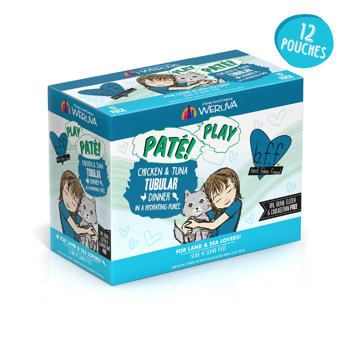 A 12-pack of BFF Best Feline Friend Chicken & Tuna Tubular cat food, made with cage-free chicken and wild-caught tuna. The grain, gluten & carrageenan-free pouches feature art of a cartoon child hugging a gray cat.