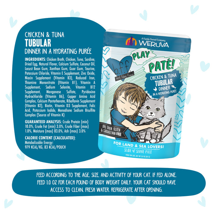 A can of BFF Best Feline Friend Chicken & Tuna Tubular cat food is shown, with playful child-and-cat artwork. The label highlights its grain free recipe, featuring cage-free chicken and wild-caught tuna, plus product info and feeding instructions.