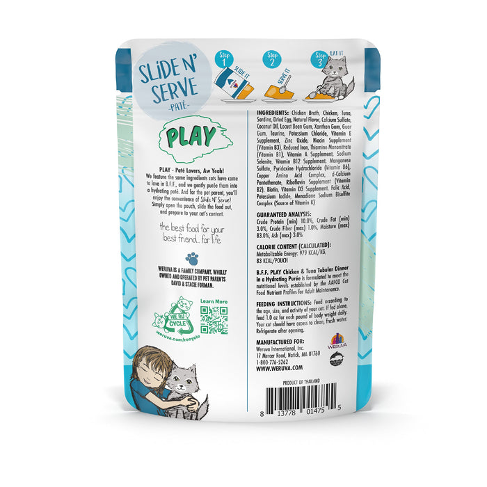 Back of a BFF Best Feline Friend Chicken & Tuna Tubular cat food pouch, showing product info, ingredients, feeding guidelines, and an illustration of a girl hugging a gray cat. Blue and white packaging features playful icons and grain free goodness.