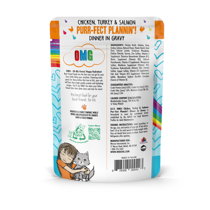 A pouch of BFF Best Feline Friend Chicken, Turkey, & Salmon Purr-Fect Plannin'! cat food in gravy, showing a cartoon child hugging a gray cat with colorful hearts; product info appears on the back.
