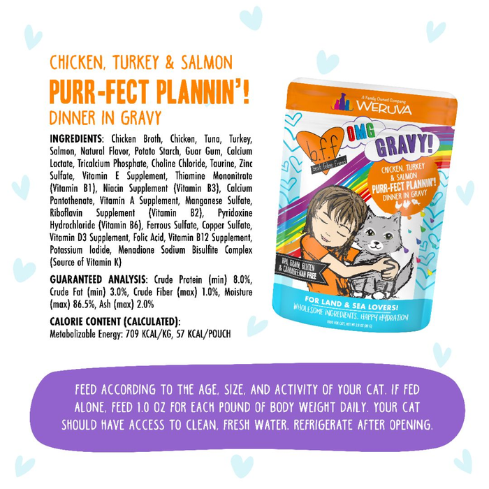 A vibrant label for BFF Best Feline Friend Chicken, Turkey, & Salmon Purr-Fect Plannin'! Gravy cat food shows playful fonts and paw prints alongside ingredients, guaranteed analysis, and feeding instructions for cats.