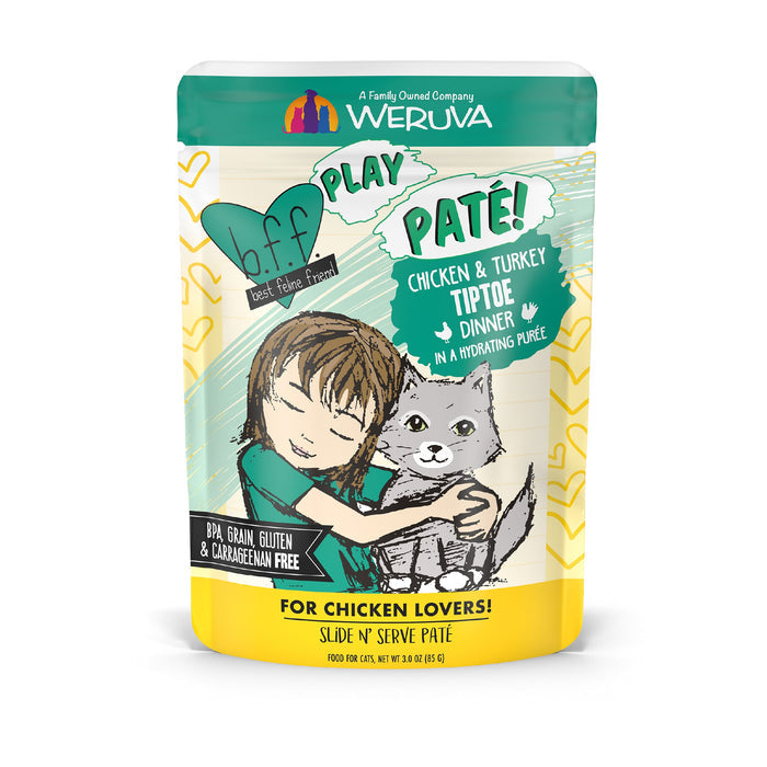 A colorful pouch of BFF Best Feline Friend Chicken & Turkey Tiptoe cat food features a girl hugging a gray cat and highlights cage-free chicken and turkey. It’s also grain, gluten, and carrageenan free.