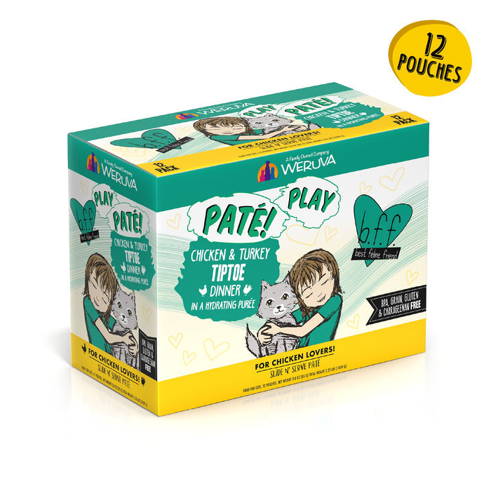 A rectangular box of BFF Best Feline Friend Chicken & Turkey Tiptoe cat food with child-and-cat cartoon art. Contains 12 pouches of grain-free recipes made with cage-free chicken and turkey.
