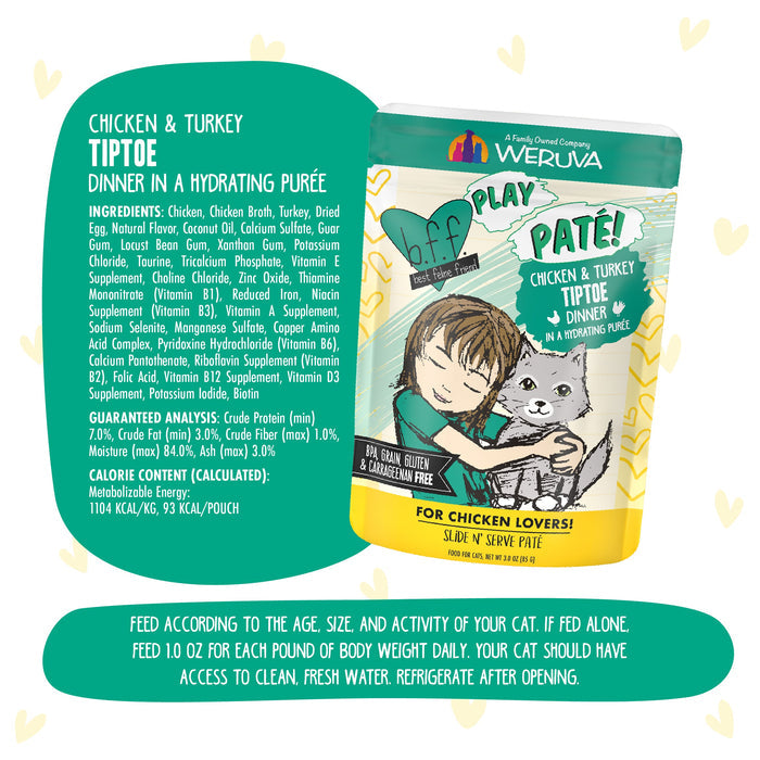 A BFF Best Feline Friend Chicken & Turkey Tiptoe cat food pouch features an illustrated child hugging a gray cat, with ingredients and feeding instructions listed on the package.