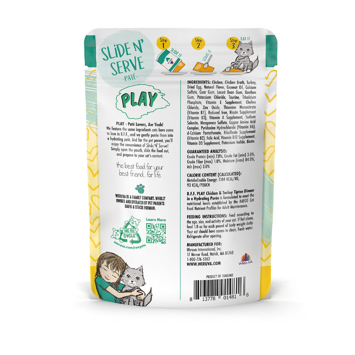 Back of a BFF Best Feline Friend Chicken & Turkey Tiptoe cat food pouch, showing feeding instructions, grain-free info, cage-free chicken & turkey ingredients, a cartoon child hugging a cat, and brand contact details.