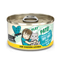 A can of BFF Best Feline Friend Chicken & Turkey Topsy Turvy cat food shows a person hugging a gray cat, with a label highlighting "For Chicken Lovers!" plus cage-free chicken, and notes it's grain free and carrageenan free.