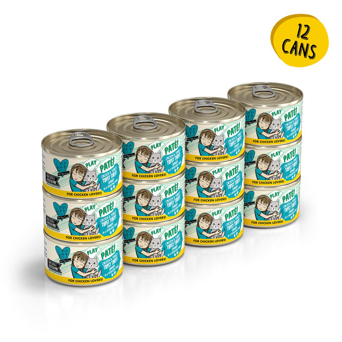 Twelve cans of BFF Best Feline Friend "Chicken & Turkey Topsy Turvy" cat food are stacked in three rows of four. The label features a cartoon cat, blue accents, and “Play Paté,” with a yellow circle displaying “12 cans.”.