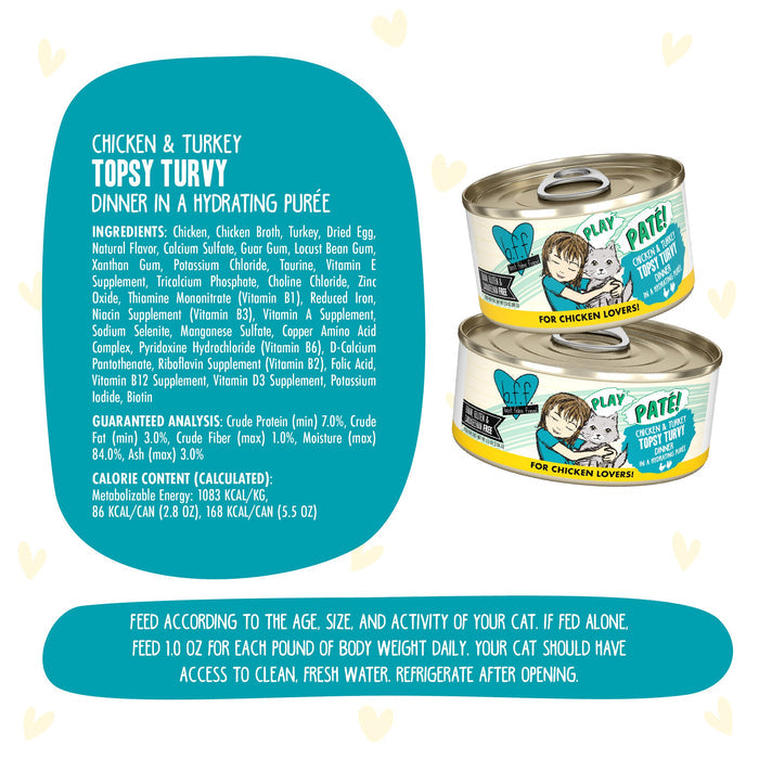 Two cans of BFF Best Feline Friend Chicken & Turkey Topsy Turvy cat food are stacked. The label features a cartoon cat, "Pate! For Chicken Lovers!" and highlights cage-free chicken, nutrition facts, and feeding instructions.