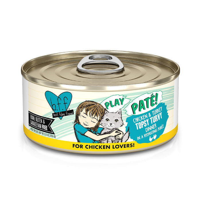 A can of BFF Best Feline Friend Chicken & Turkey Topsy Turvy cat food, with a label that says "Grain Free Chicken & Turkey Topsy Turvy Dinner in a Hydrating Purée" and features a child hugging a gray cat illustration.