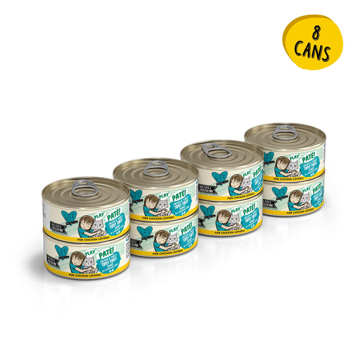 Eight cans of BFF Best Feline Friend Chicken & Turkey Topsy Turvy cat food are stacked in two rows of four on a white background, with a yellow circle in the corner that says "8 CANS" in black text.