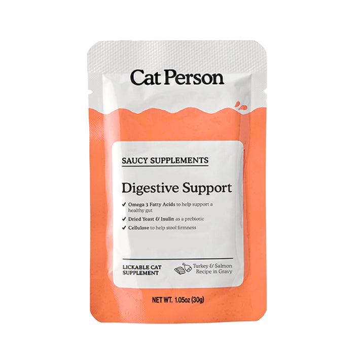 A Cat Person Digestive Support Supplement pouch highlights Omega 3, prebiotics, and cellulose for cat digestion. Contains Turkey & Salmon in gravy cat food recipe, 1.05oz (30g).