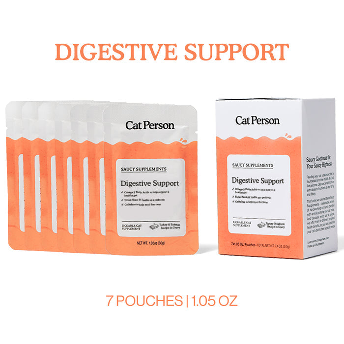 Seven orange and white Cat Person Digestive Support Supplement pouches are lined up by a matching box. Text above reads "Digestive Support," with "7 pouches | 1.05 oz" below. Prebiotics support healthy cat digestion.