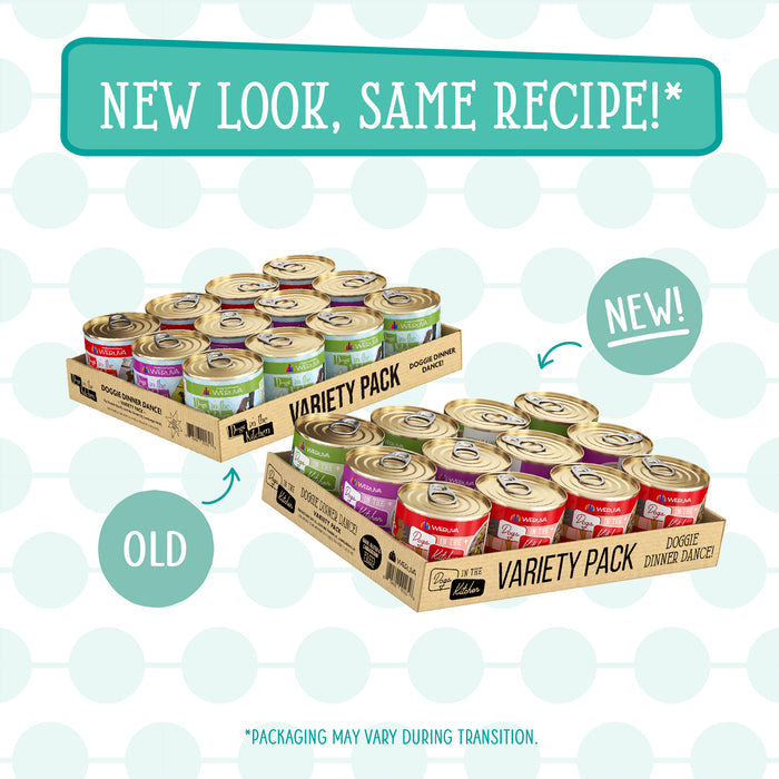 Two trays of Dogs in the Kitchen Doggie Dinner Dance! dog food are shown. The OLD tray has different packaging from the NEW! tray, but both highlight their protein-rich formula. Text above reads: NEW LOOK, SAME RECIPE!.